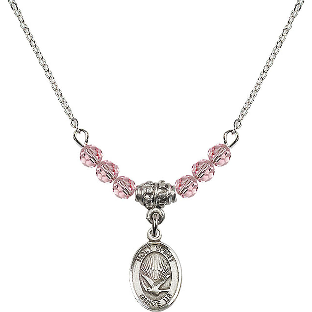 Sterling Silver Holy Spirit Birthstone Necklace with Light Rose Beads - 9044