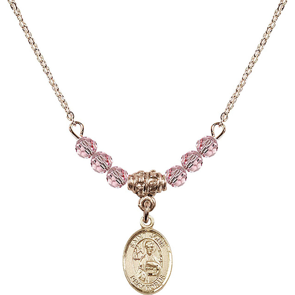 14kt Gold Filled Saint John the Apostle Birthstone Necklace with Light Rose Beads - 9056