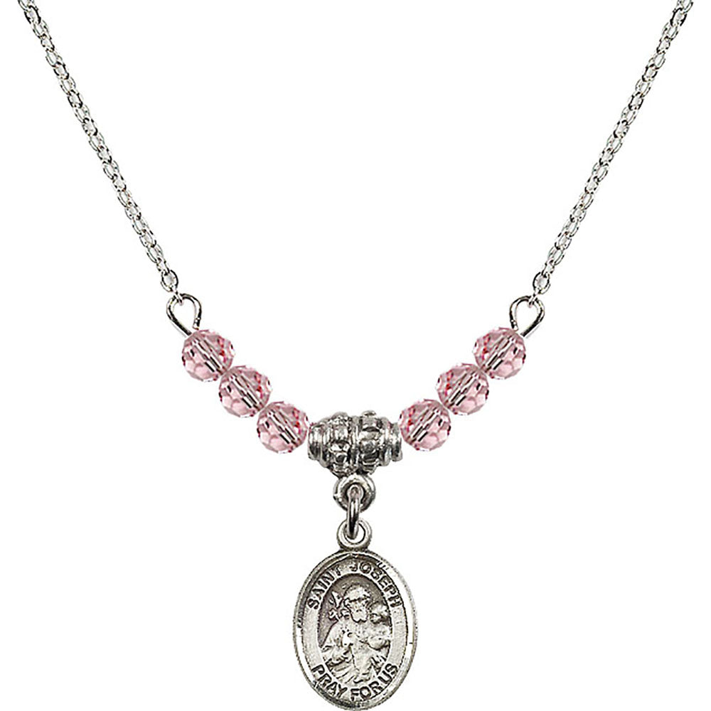 Sterling Silver Saint Joseph Birthstone Necklace with Light Rose Beads - 9058