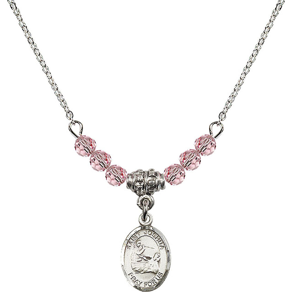 Sterling Silver Saint Joshua Birthstone Necklace with Light Rose Beads - 9059