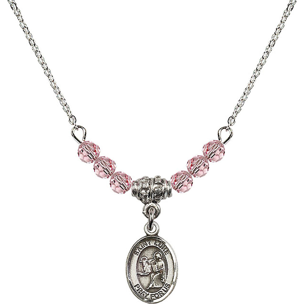 Sterling Silver Saint Luke the Apostle Birthstone Necklace with Light Rose Beads - 9068
