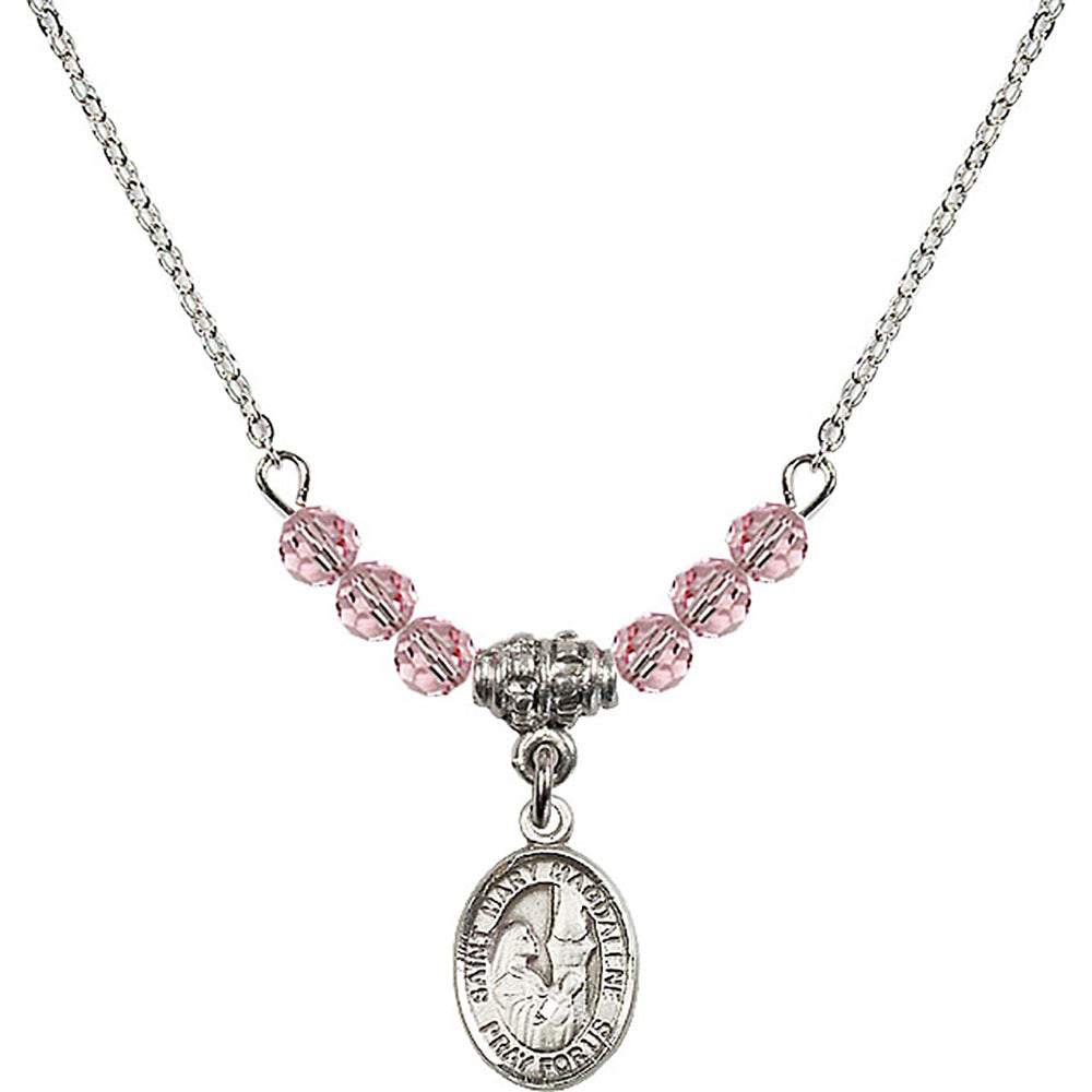 Sterling Silver Saint Mary Magdalene Birthstone Necklace with Light Rose Beads - 9071