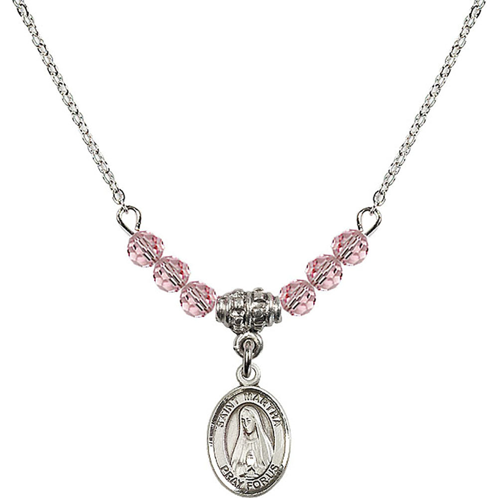 Sterling Silver Saint Martha Birthstone Necklace with Light Rose Beads - 9075