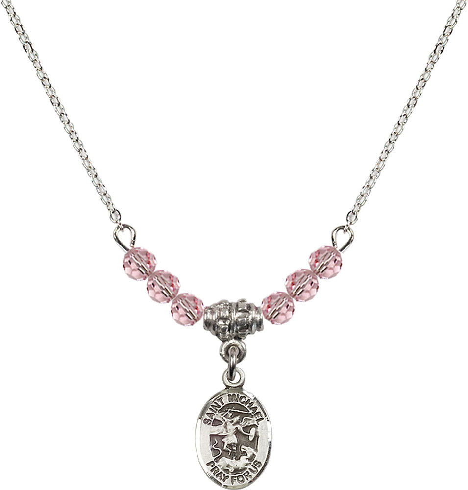 Sterling Silver Saint Michael the Archangel Birthstone Necklace with Light Rose Beads - 9076