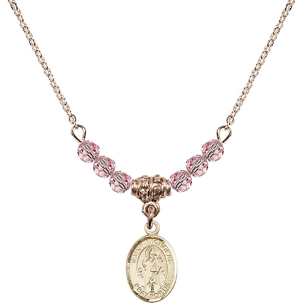 14kt Gold Filled Saint Nicholas Birthstone Necklace with Light Rose Beads - 9080