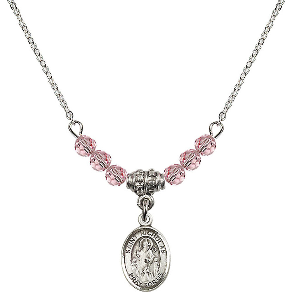 Sterling Silver Saint Nicholas Birthstone Necklace with Light Rose Beads - 9080