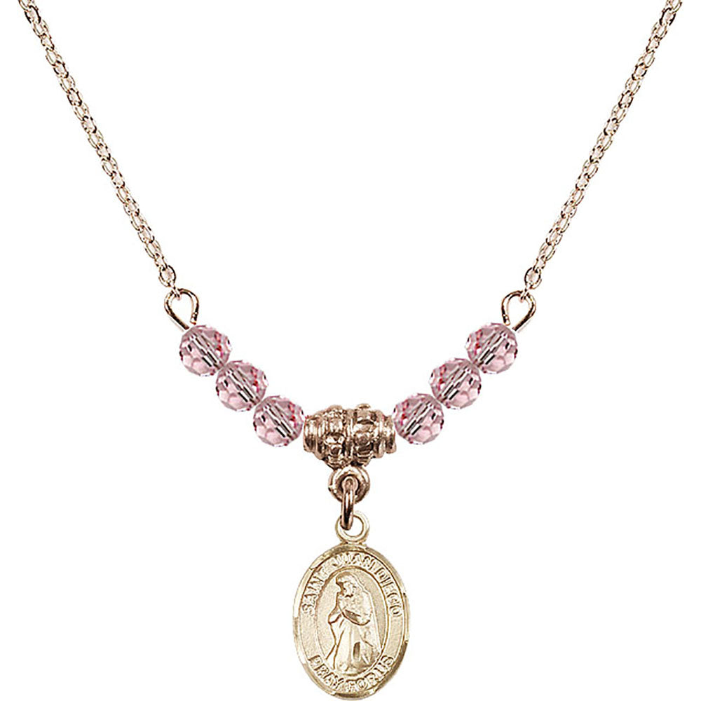 14kt Gold Filled Saint Juan Diego Birthstone Necklace with Light Rose Beads - 9111