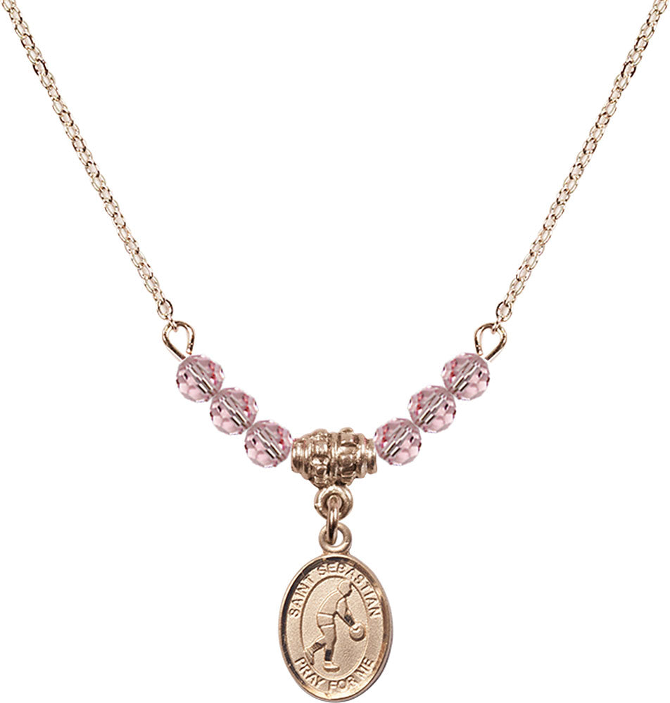 14kt Gold Filled Saint Sebastian/Basketball Birthstone Necklace with Light Rose Beads - 9163