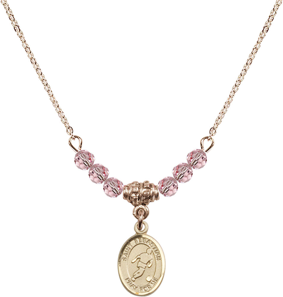 14kt Gold Filled Saint Sebastian/Soccer Birthstone Necklace with Light Rose Beads - 9164