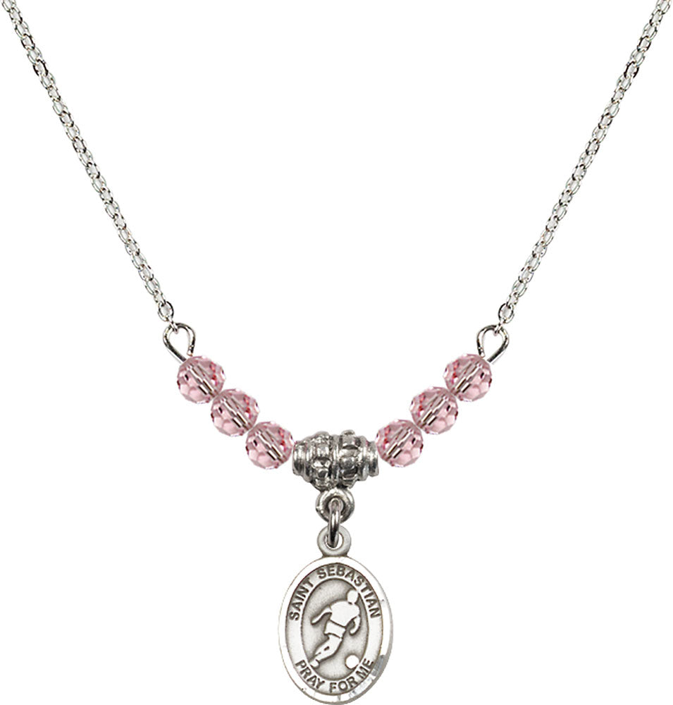 Sterling Silver Saint Sebastian/Soccer Birthstone Necklace with Light Rose Beads - 9164