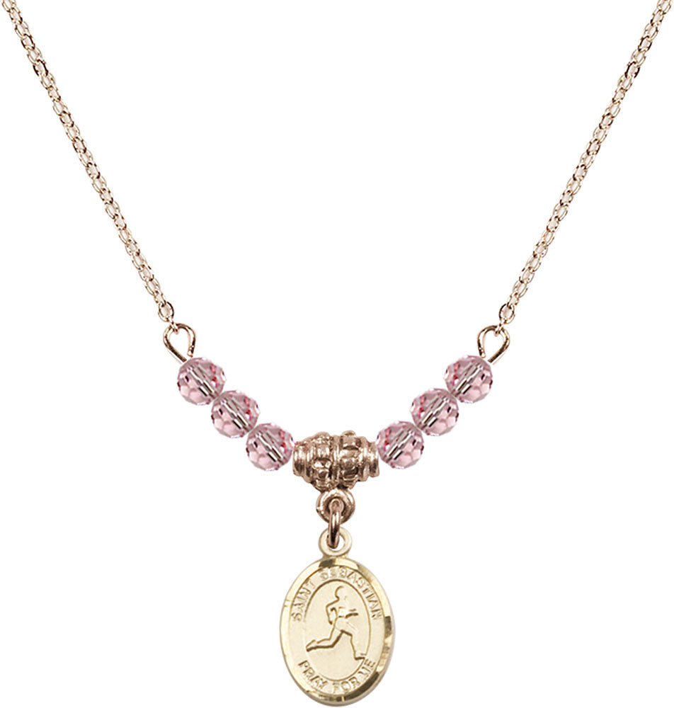 14kt Gold Filled Saint Sebastian/Track & Field Birthstone Necklace with Light Rose Beads - 9176