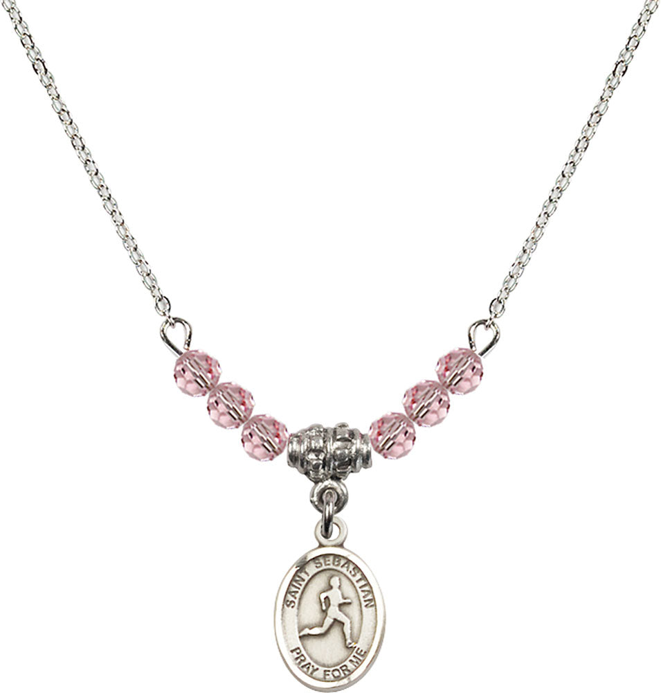 Sterling Silver Saint Sebastian/Track & Field Birthstone Necklace with Light Rose Beads - 9176