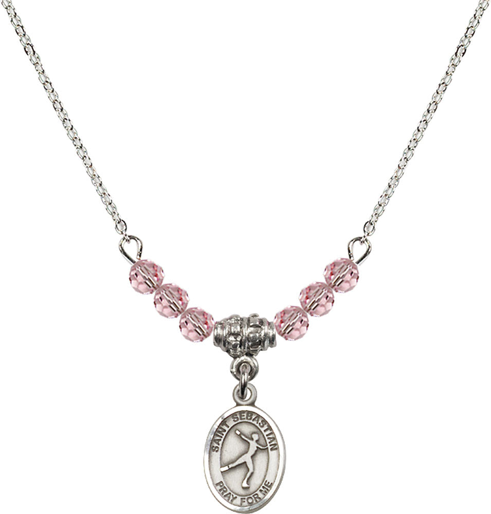Sterling Silver Saint Sebastian/Figure Skating Birthstone Necklace with Light Rose Beads - 9177