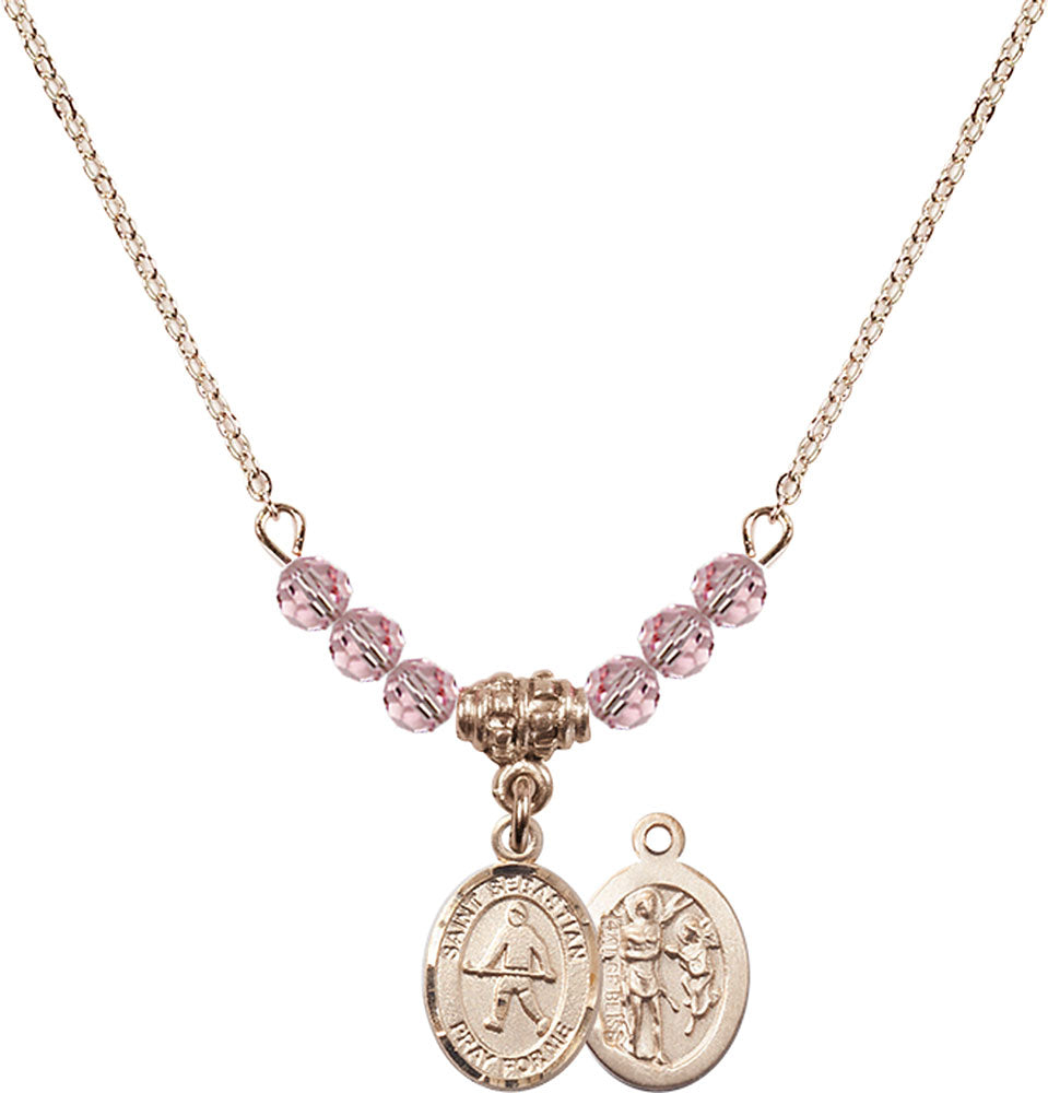 14kt Gold Filled Saint Sebastian/Field Hockey Birthstone Necklace with Light Rose Beads - 9178