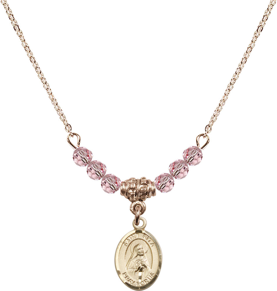 14kt Gold Filled Saint Rita / Baseball Birthstone Necklace with Light Rose Beads - 9181
