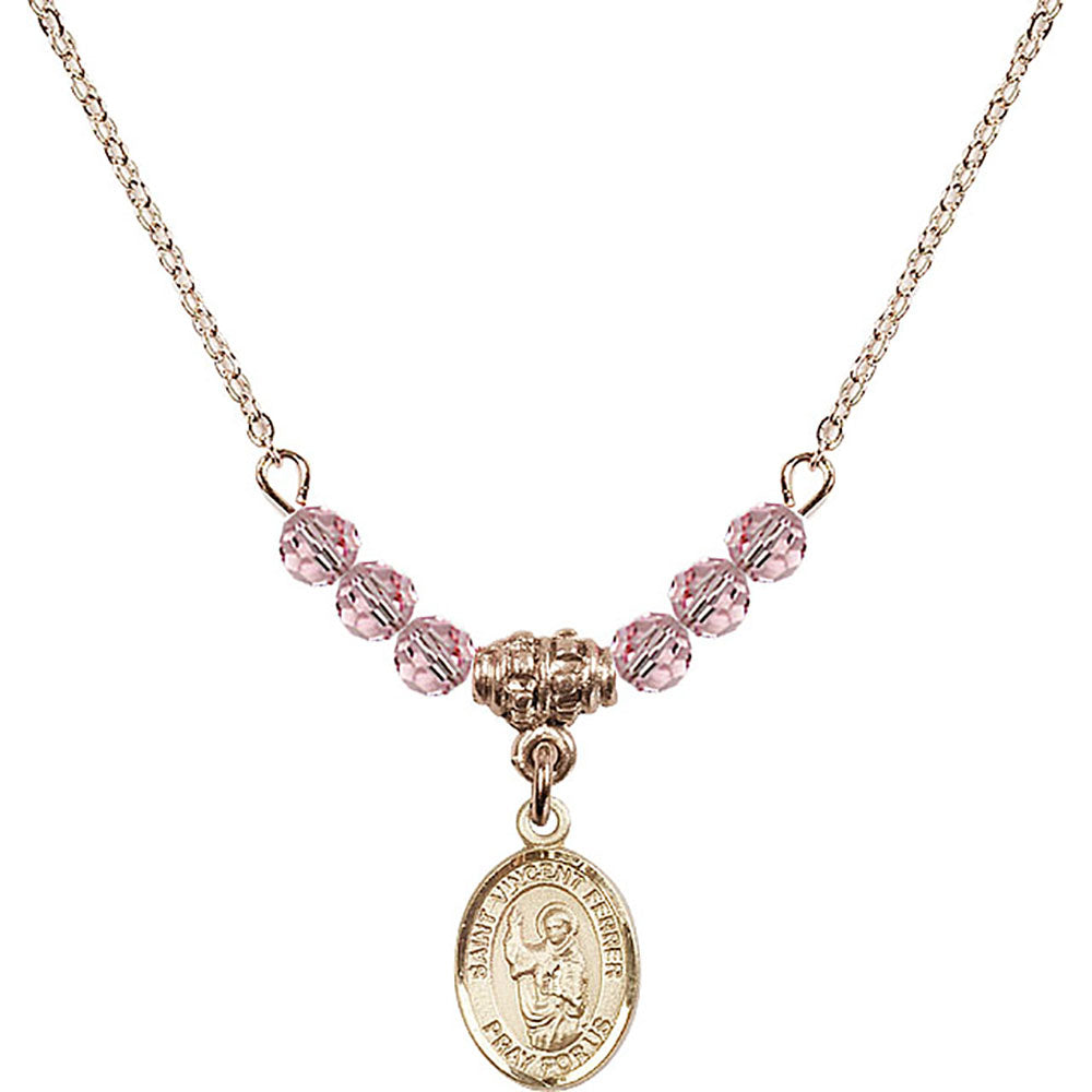 14kt Gold Filled Saint Vincent Ferrer Birthstone Necklace with Light Rose Beads - 9201