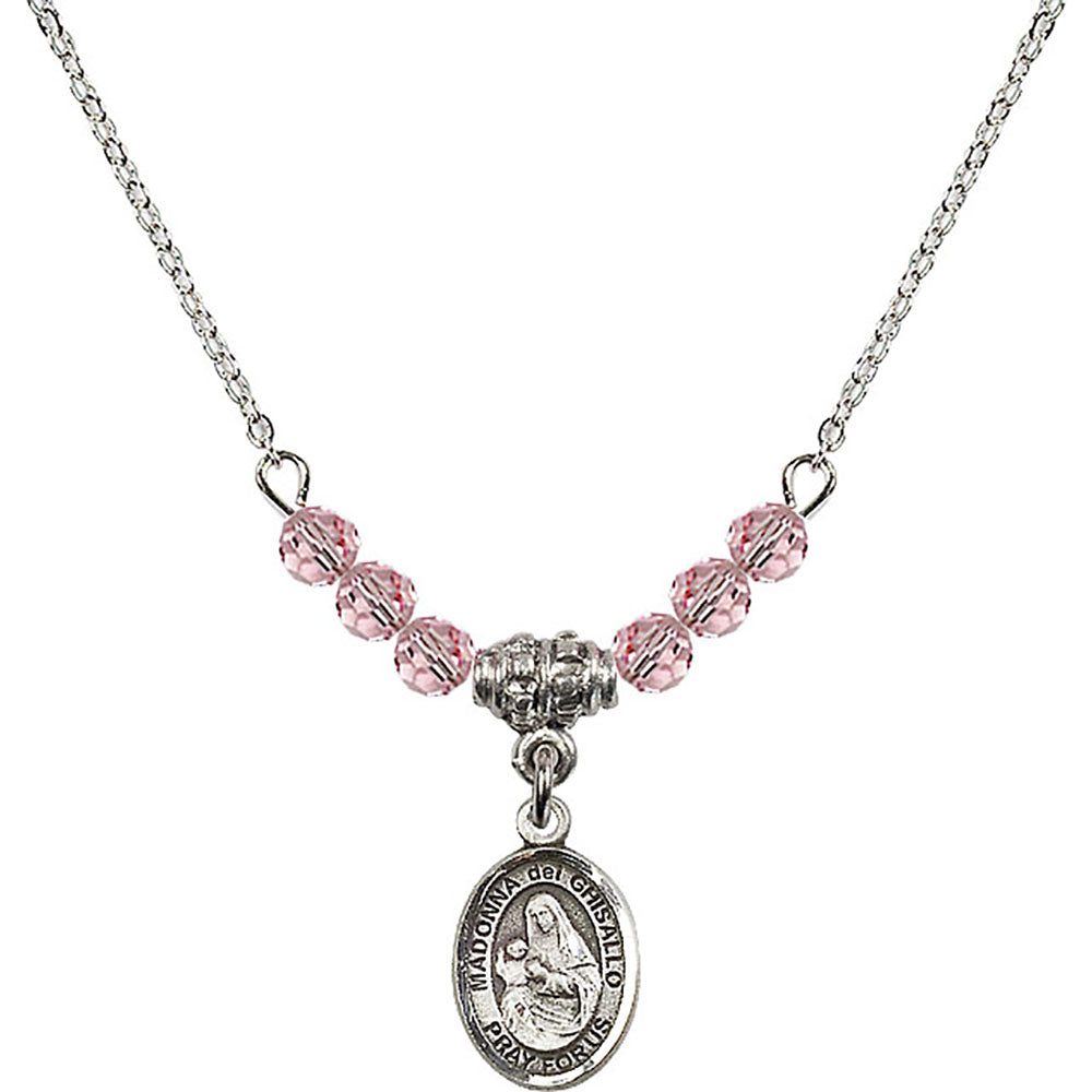 Sterling Silver Madonna del Ghisallo Birthstone Necklace with Light Rose Beads - 9203