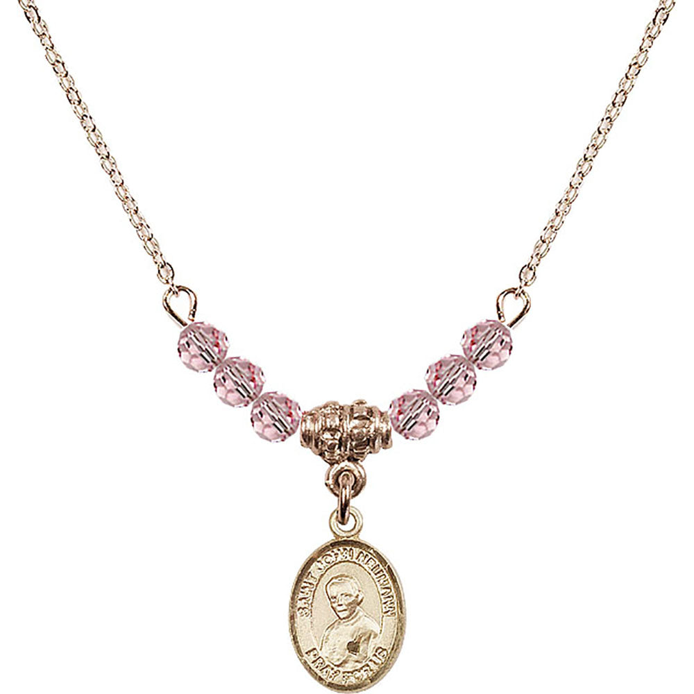 14kt Gold Filled Saint John Neumann Birthstone Necklace with Light Rose Beads - 9204