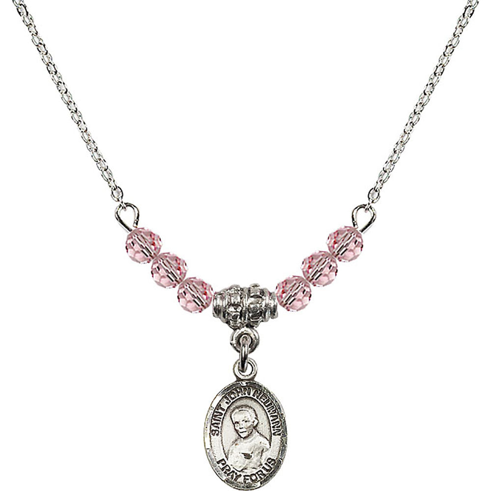 Sterling Silver Saint John Neumann Birthstone Necklace with Light Rose Beads - 9204