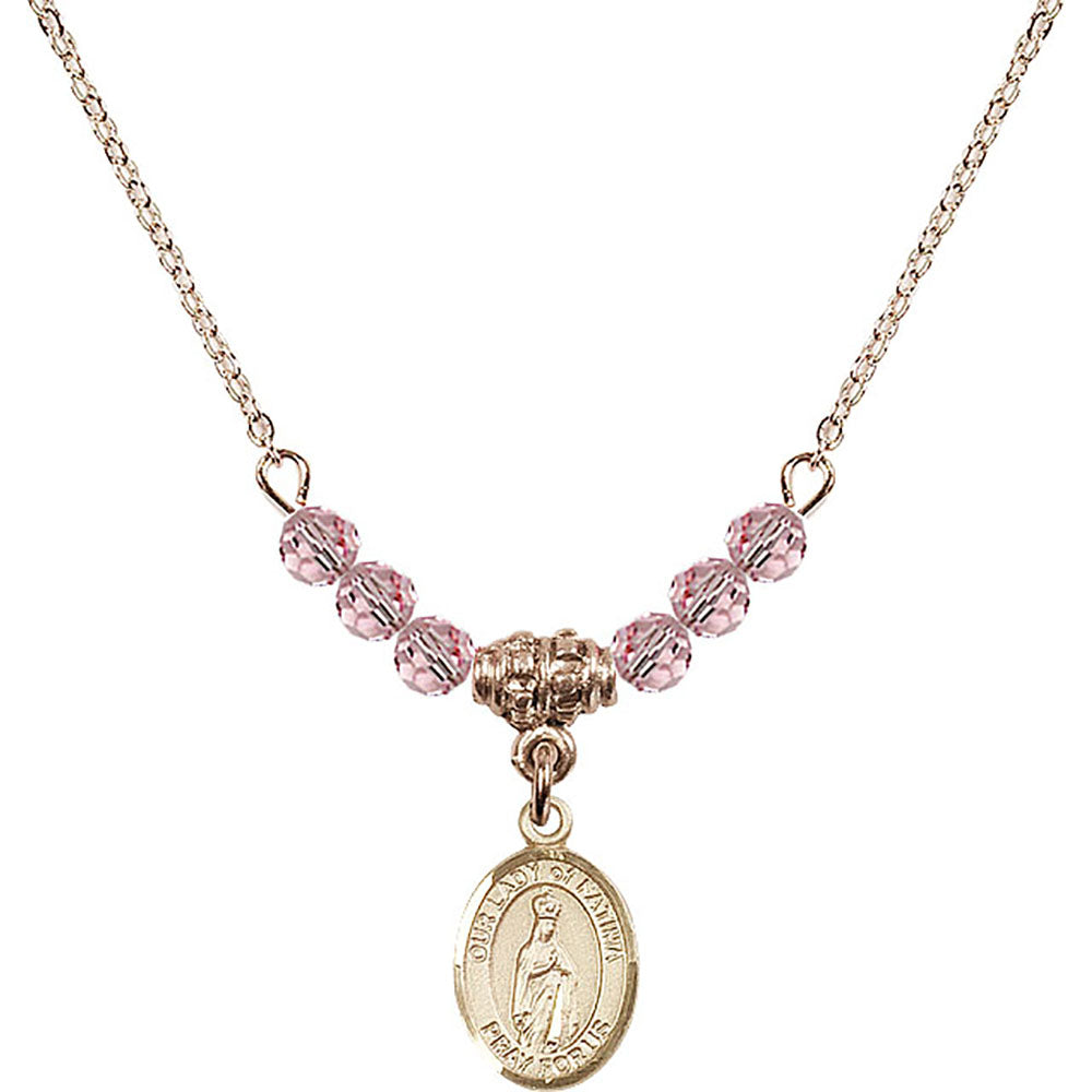 14kt Gold Filled Our Lady of Fatima Birthstone Necklace with Light Rose Beads - 9205