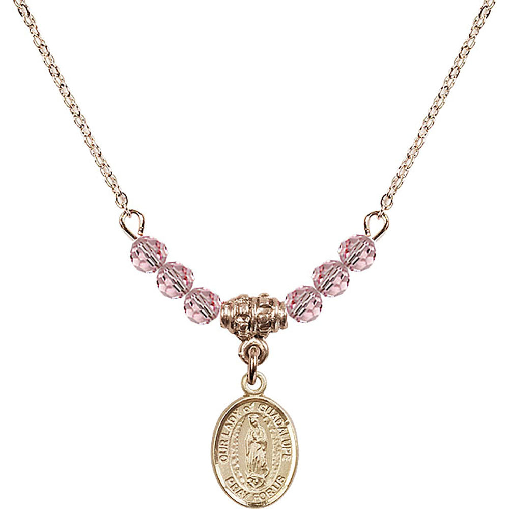 14kt Gold Filled Our Lady of Guadalupe Birthstone Necklace with Light Rose Beads - 9206