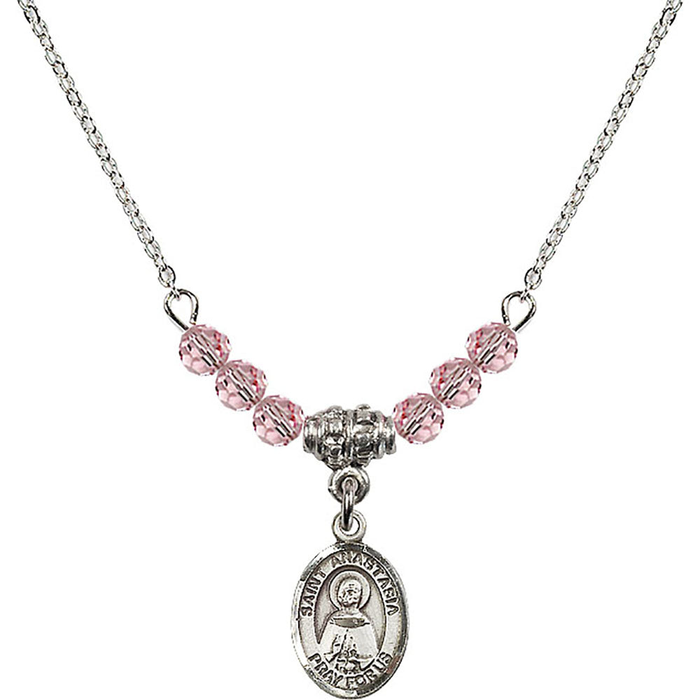 Sterling Silver Saint Anastasia Birthstone Necklace with Light Rose Beads - 9213
