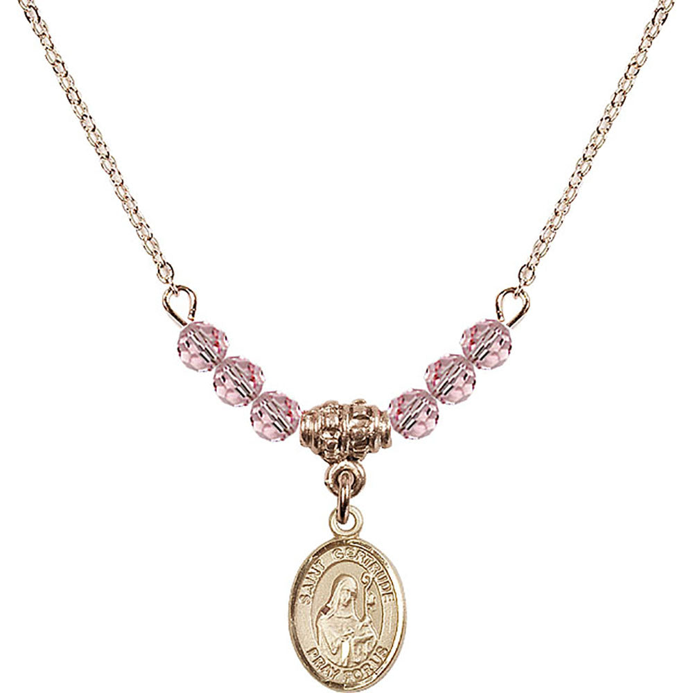 14kt Gold Filled Saint Gertrude of Nivelles Birthstone Necklace with Light Rose Beads - 9219