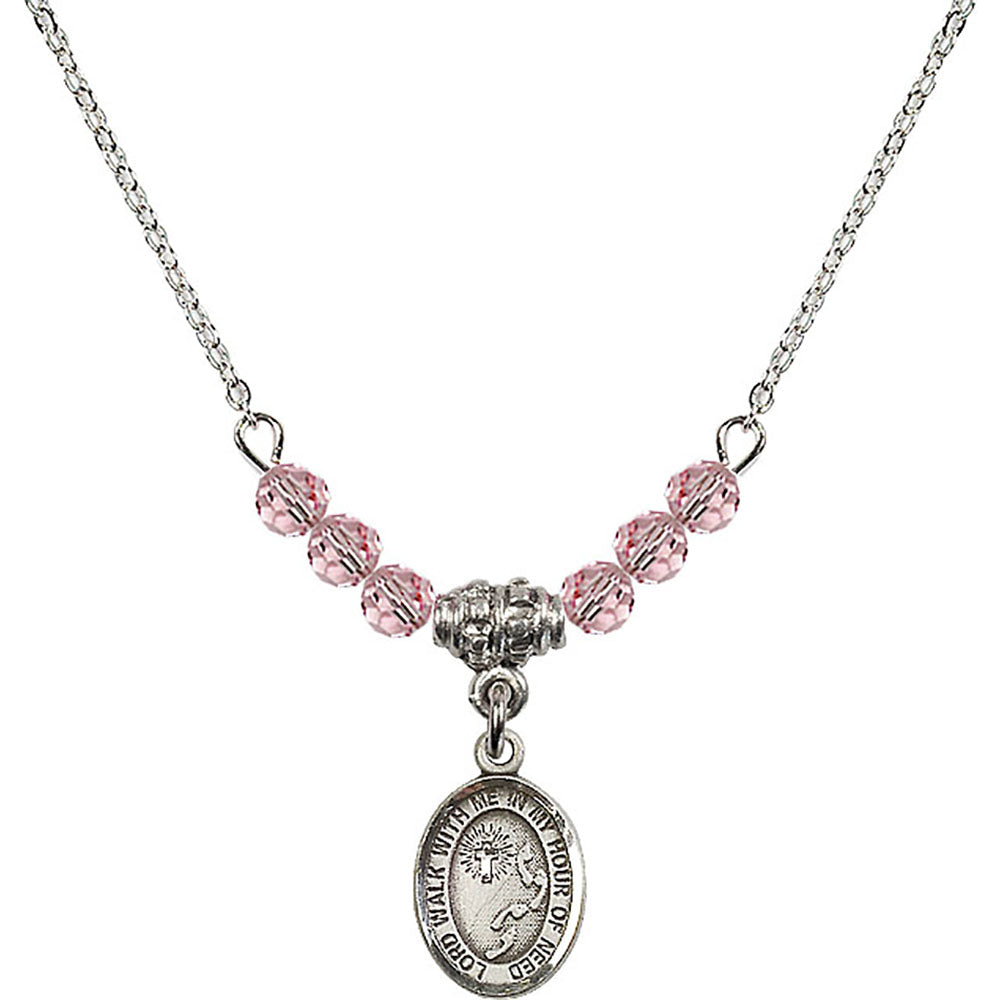 Sterling Silver Footprints / Cross Birthstone Necklace with Light Rose Beads - 9237