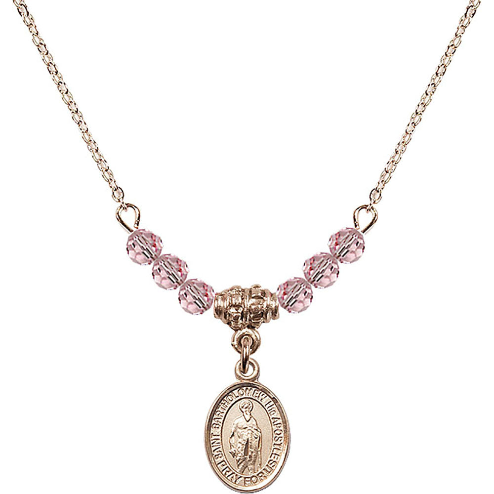 14kt Gold Filled Saint Bartholomew the Apostle Birthstone Necklace with Light Rose Beads - 9238