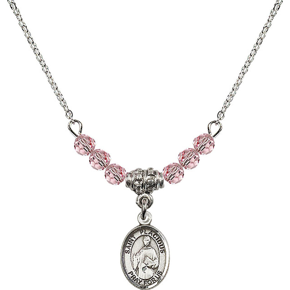 Sterling Silver Saint Placidus Birthstone Necklace with Light Rose Beads - 9240