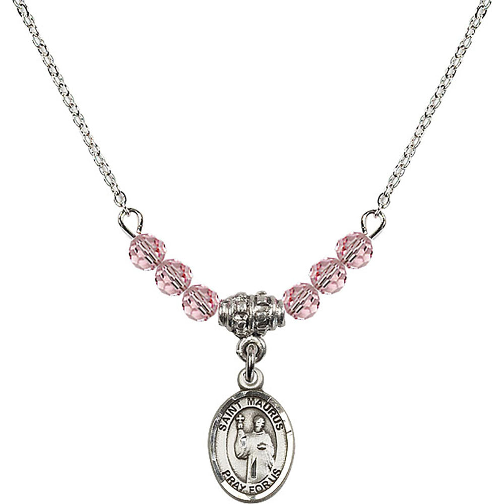 Sterling Silver Saint Maurus Birthstone Necklace with Light Rose Beads - 9241