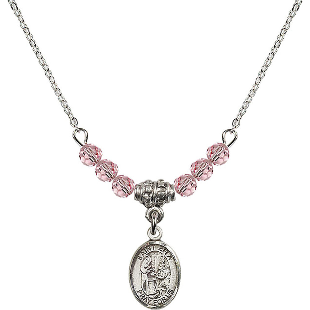 Sterling Silver Saint Zita Birthstone Necklace with Light Rose Beads - 9244