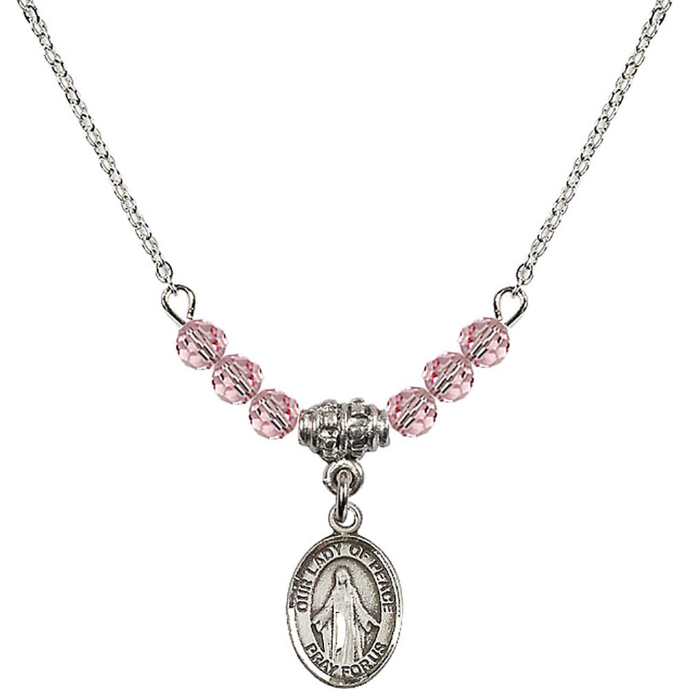 Sterling Silver Our Lady of Peace Birthstone Necklace with Light Rose Beads - 9245