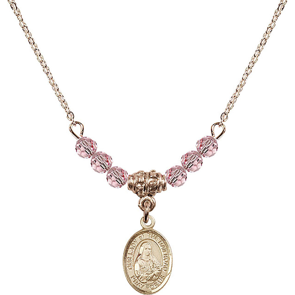 14kt Gold Filled Our Lady of the Railroad Birthstone Necklace with Light Rose Beads - 9247