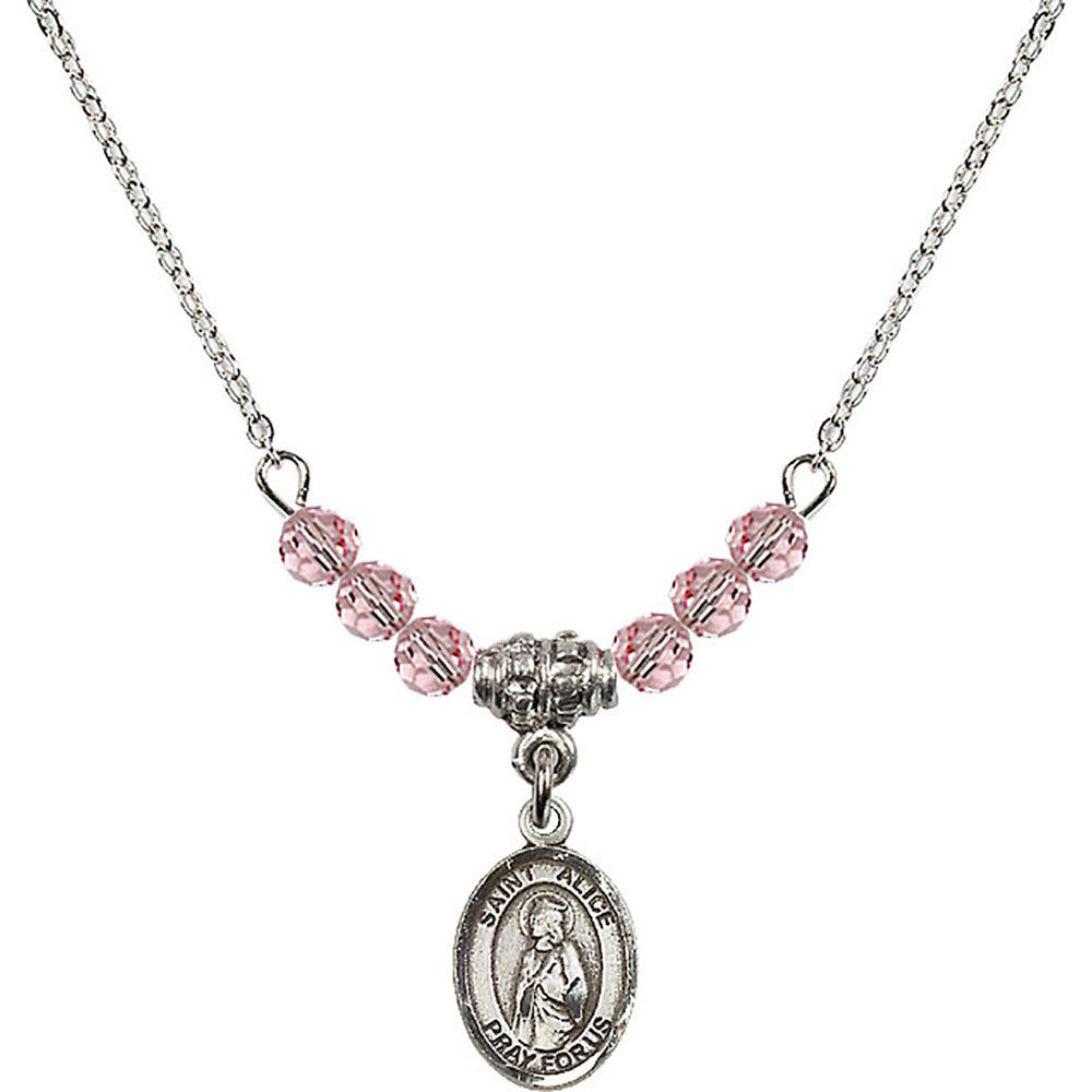 Sterling Silver Saint Alice Birthstone Necklace with Light Rose Beads - 9248