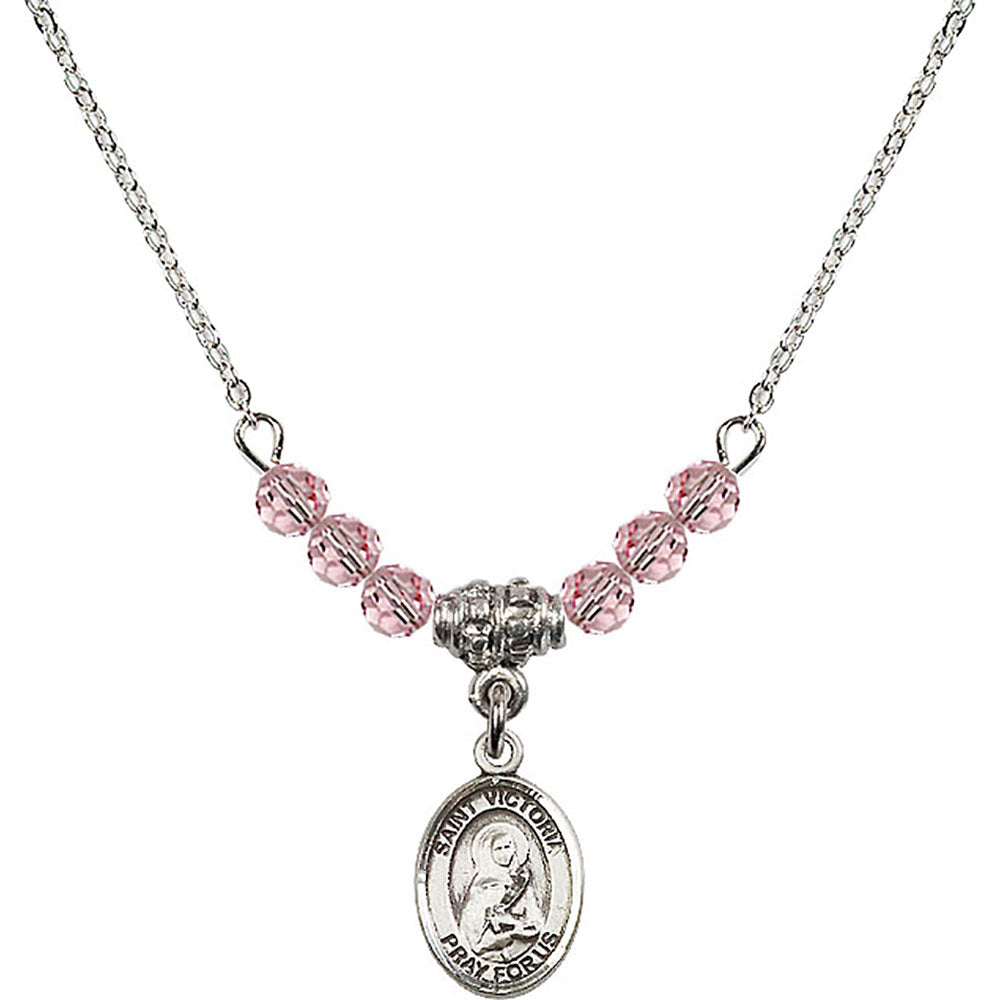 Sterling Silver Saint Victoria Birthstone Necklace with Light Rose Beads - 9253