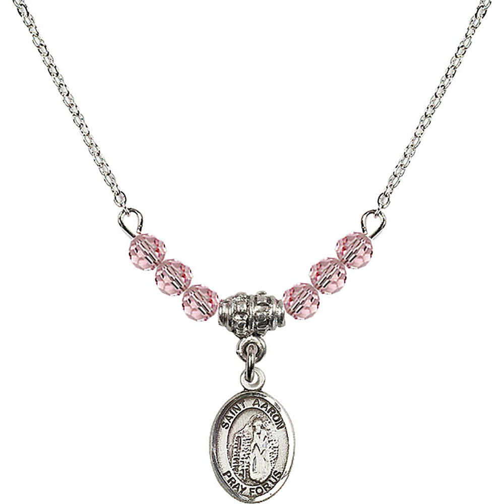 Sterling Silver Saint Aaron Birthstone Necklace with Light Rose Beads - 9254