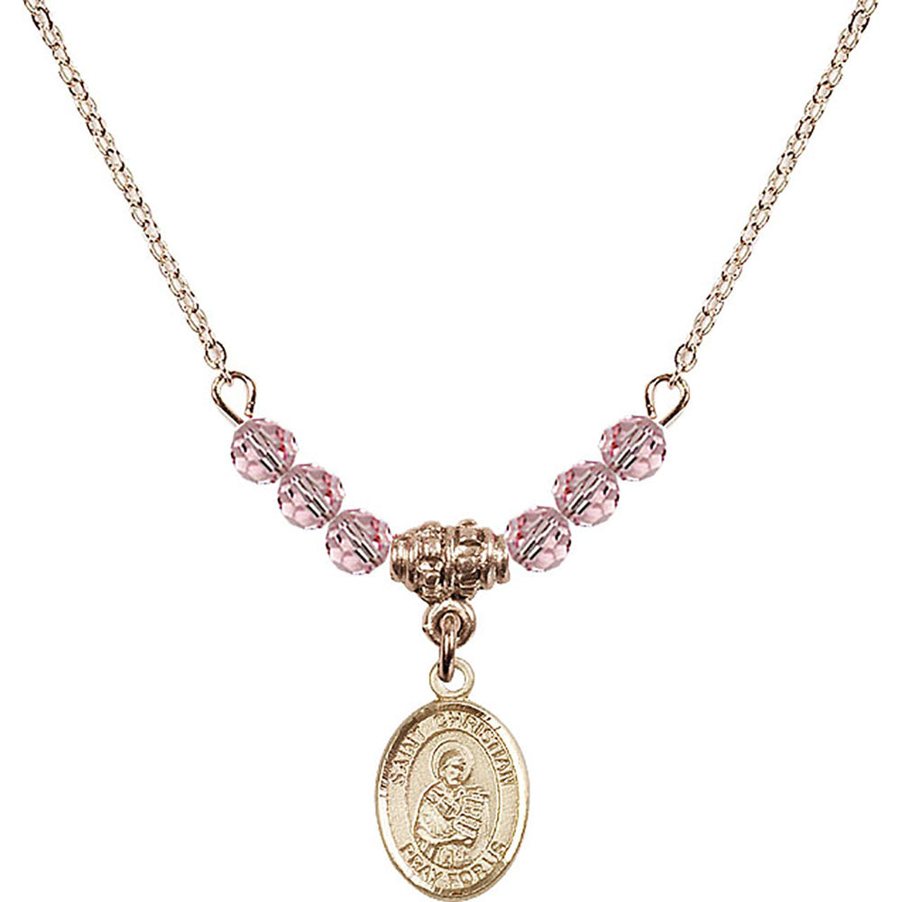 14kt Gold Filled Saint Christian Demosthenes Birthstone Necklace with Light Rose Beads - 9257