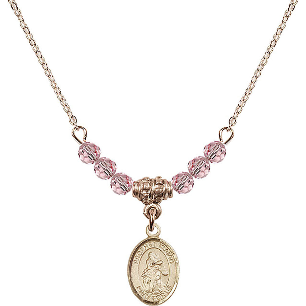 14kt Gold Filled Saint Isaiah Birthstone Necklace with Light Rose Beads - 9258