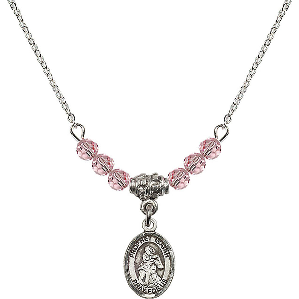 Sterling Silver Saint Isaiah Birthstone Necklace with Light Rose Beads - 9258