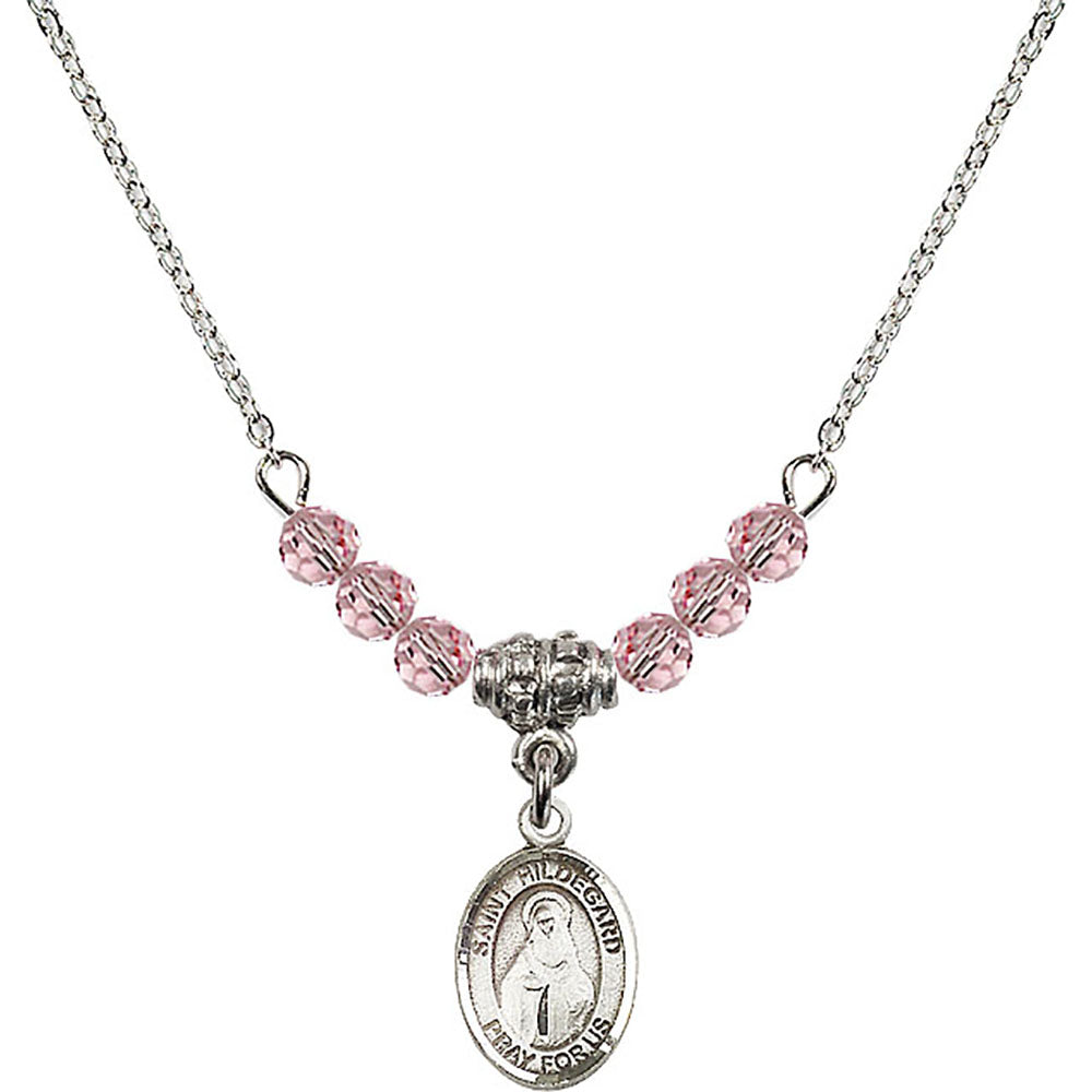 Sterling Silver Saint Hildegard von Bingen Birthstone Necklace with Light Rose Beads - 9260