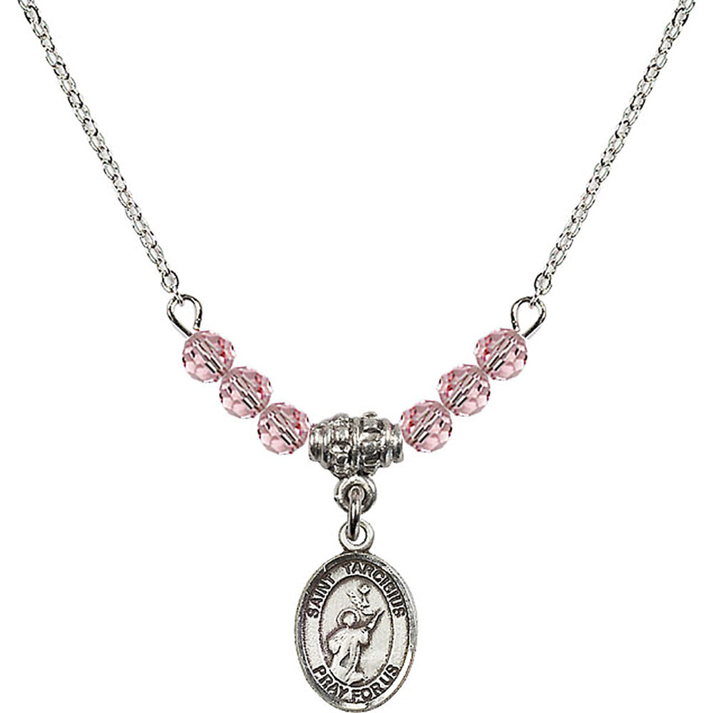 Sterling Silver Saint Tarcisius Birthstone Necklace with Light Rose Beads - 9261