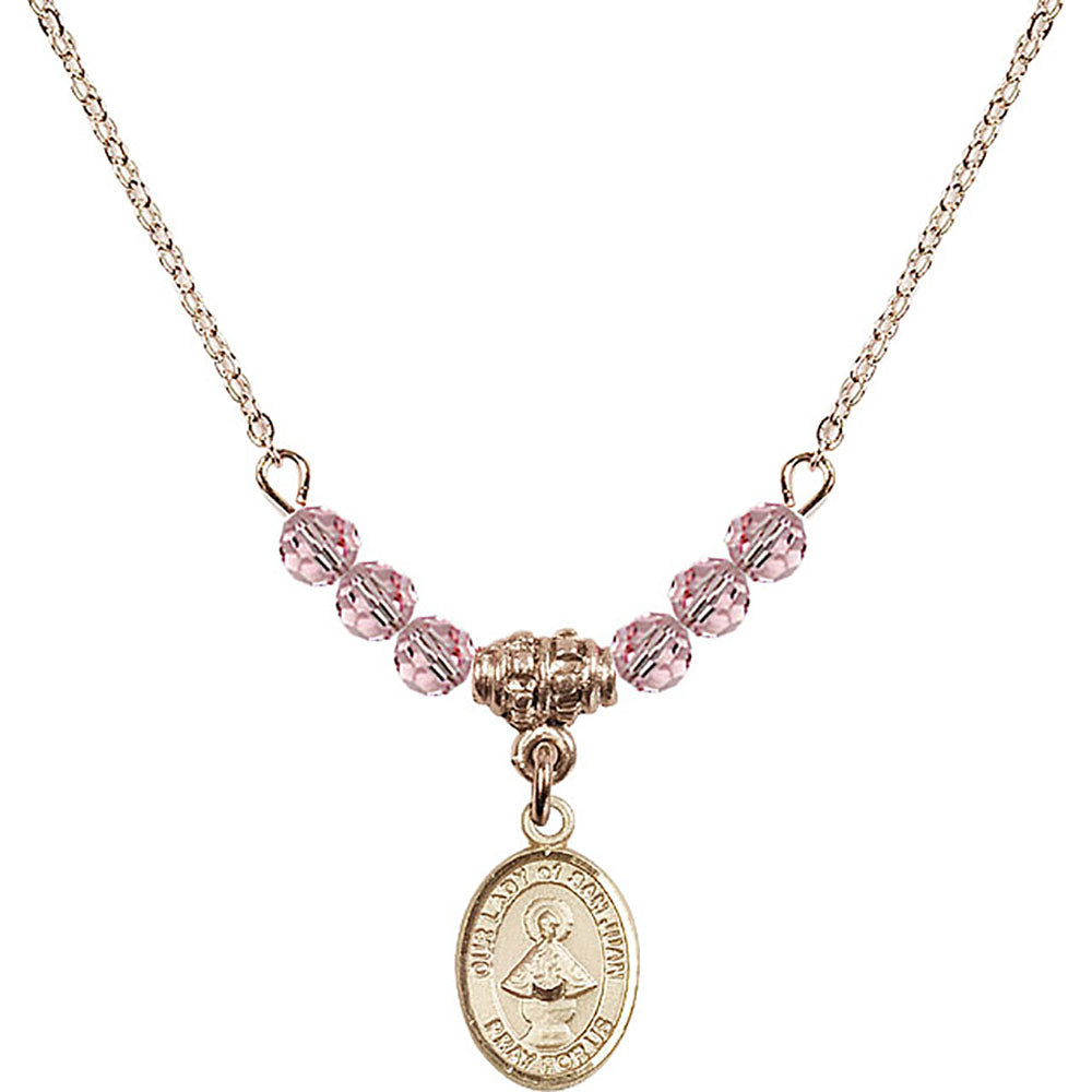 14kt Gold Filled Our Lady of San Juan Birthstone Necklace with Light Rose Beads - 9263