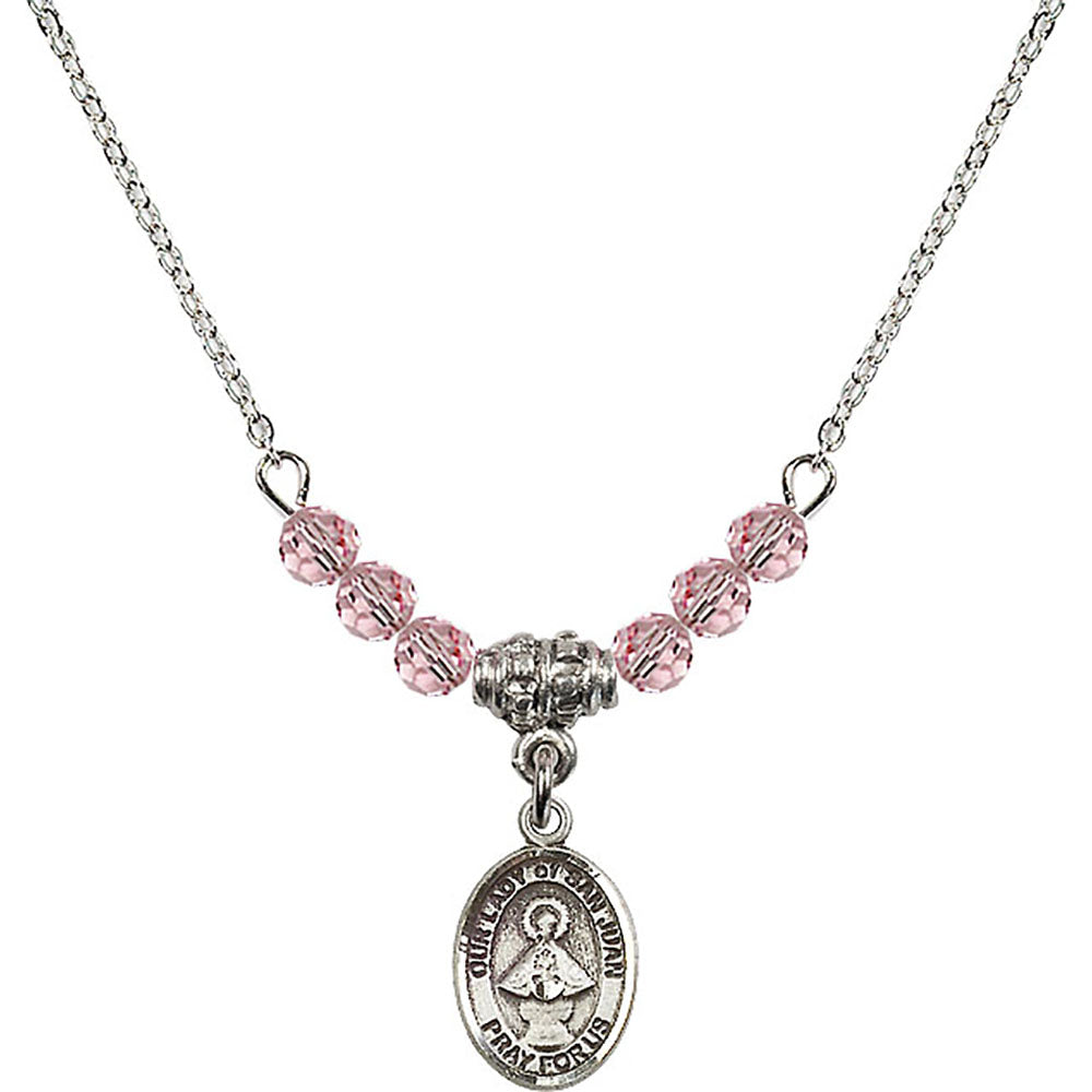 Sterling Silver Our Lady of San Juan Birthstone Necklace with Light Rose Beads - 9263