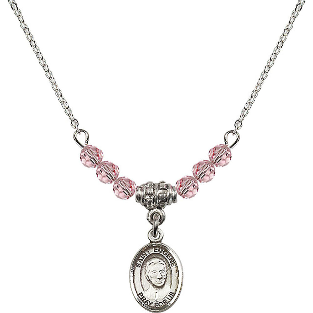 Sterling Silver Saint Eugene de Mazenod Birthstone Necklace with Light Rose Beads - 9266