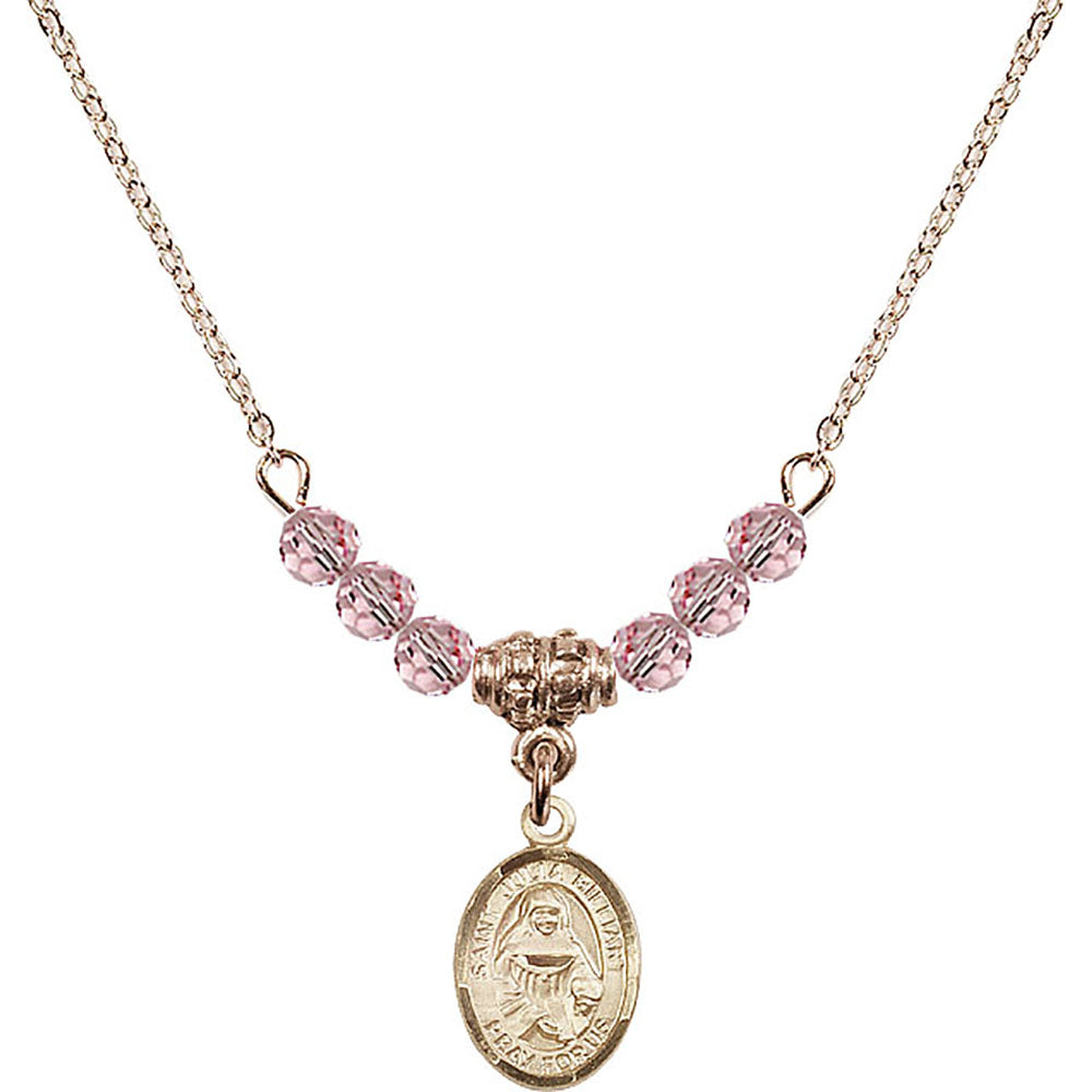 14kt Gold Filled Saint Julia Billiart Birthstone Necklace with Light Rose Beads - 9267