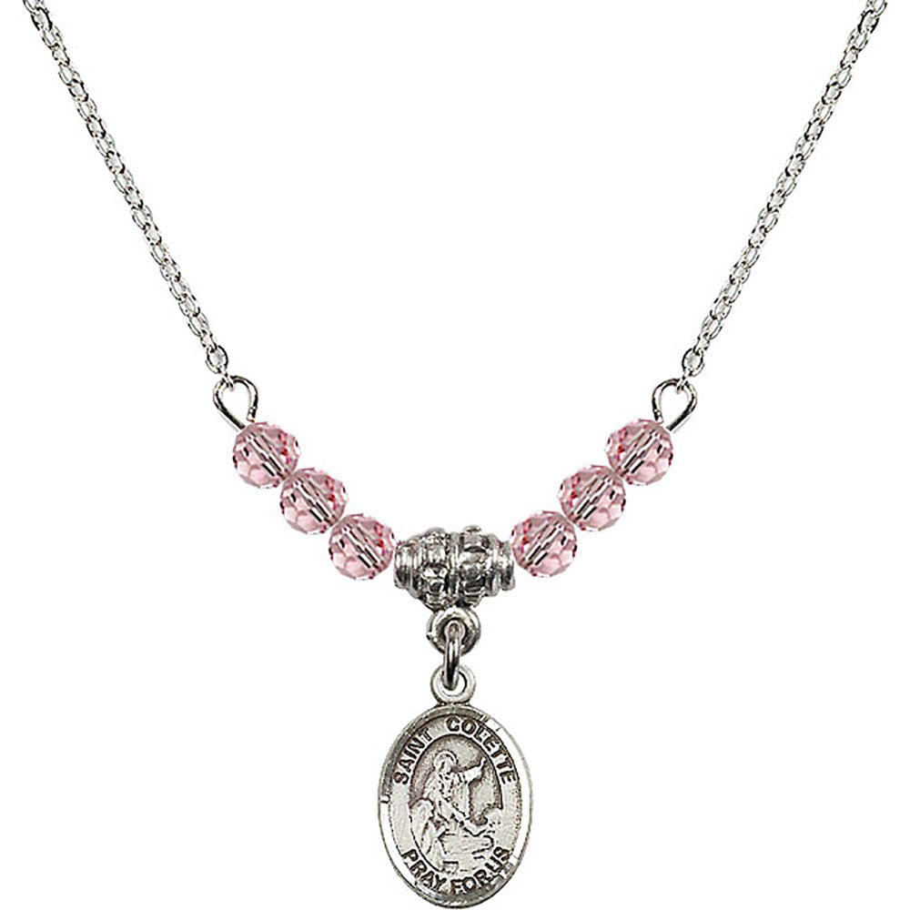 Sterling Silver Saint Colette Birthstone Necklace with Light Rose Beads - 9268