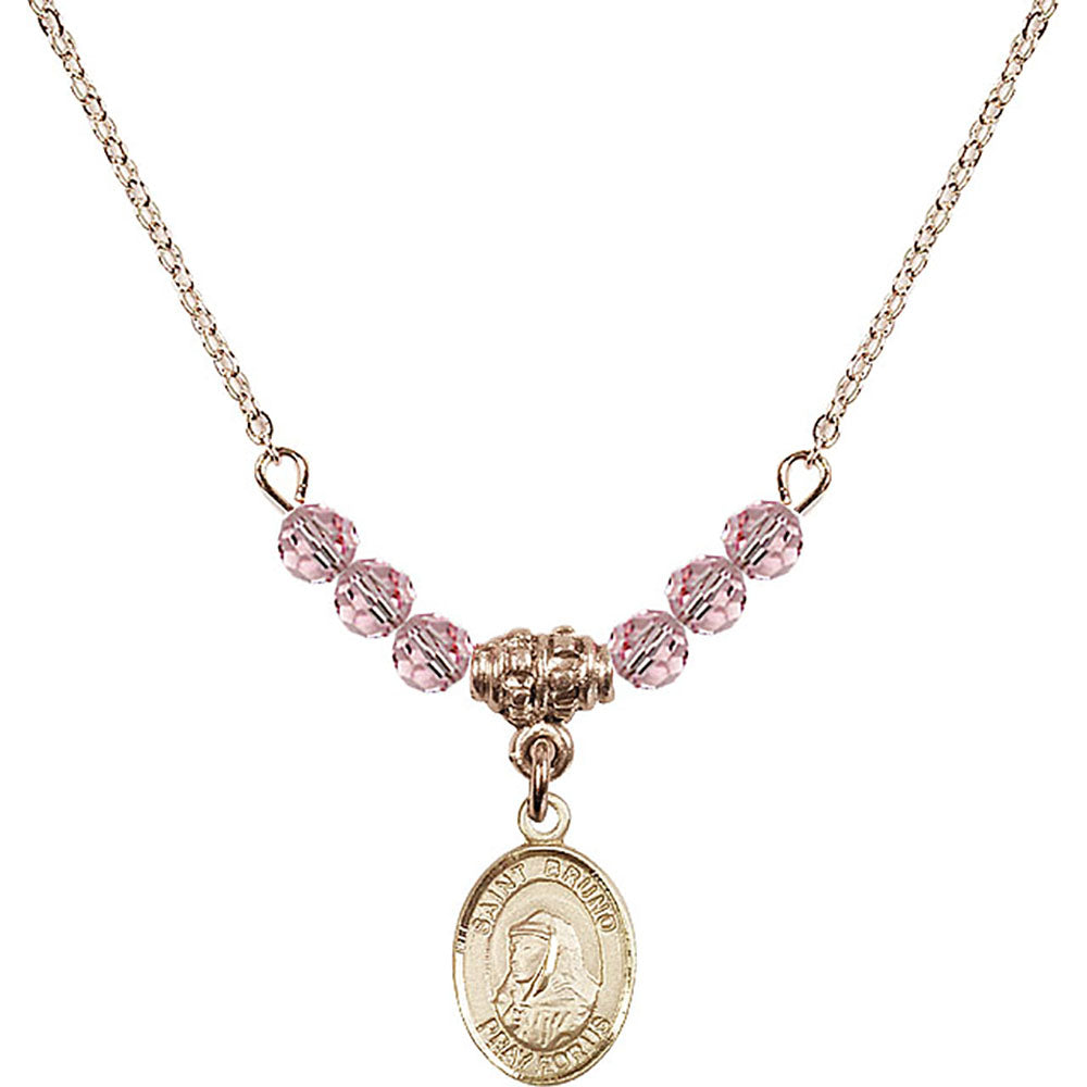 14kt Gold Filled Saint Bruno Birthstone Necklace with Light Rose Beads - 9270