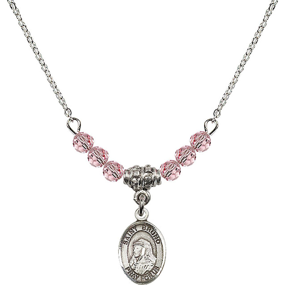 Sterling Silver Saint Bruno Birthstone Necklace with Light Rose Beads - 9270