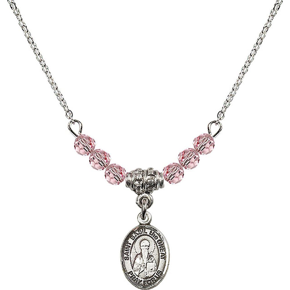 Sterling Silver Saint Basil the Great Birthstone Necklace with Light Rose Beads - 9275